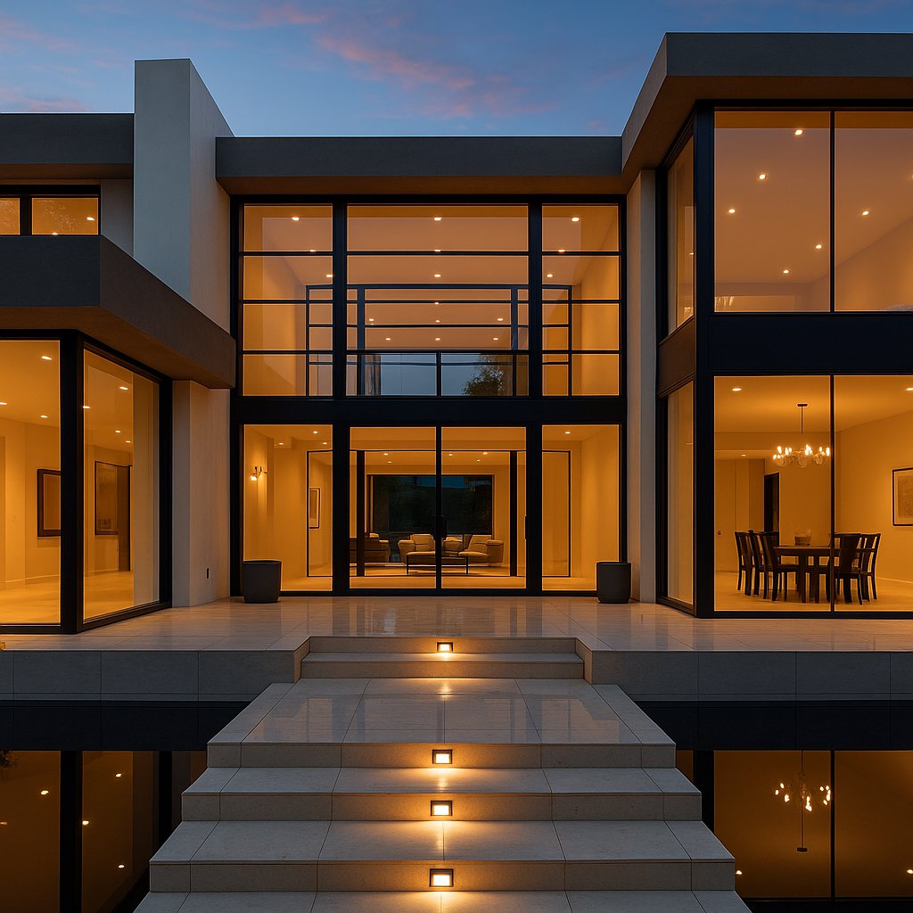 Casa moderna de arquitectura contemporánea al atardecer